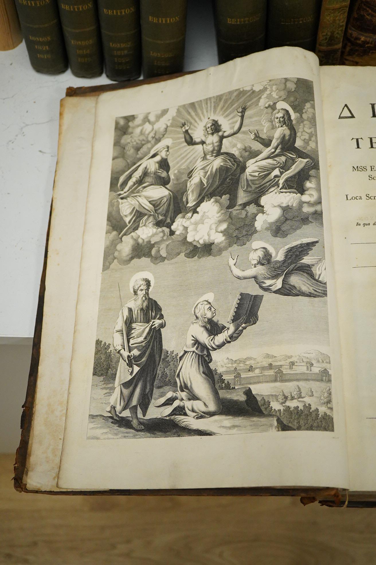 [Greek title] Novum Testamentum, Cum lectionibus variantibus ... (edited by John Mill) ... title vignette, frontis., chapter head pictorial vignettes, historiated initial letters; contemp. blind decorated panelled calf,